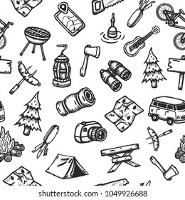 Hand drawn camping seamless pattern. Vector background.