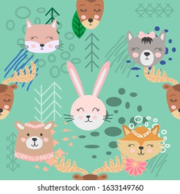 Hand drawn camping seamless pattern with cartoon characters.