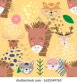 Hand drawn camping seamless pattern with cartoon characters.