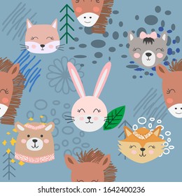 Hand drawn camping seamless pattern with cartoon characters.