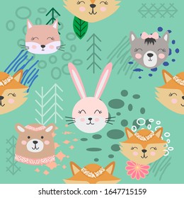 Hand drawn camping seamless pattern with cartoon characters.