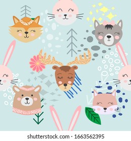 Hand drawn camping seamless pattern with cartoon characters.