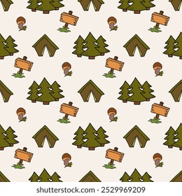 Hand Drawn Camping Seamless Pattern. Camping background. Camping doodle illustration. Vector illustration. Seamless pattern with Doodle Camping tent