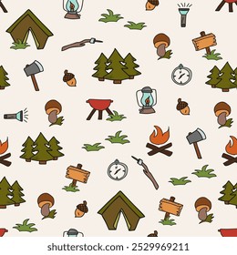 Hand Drawn Camping Seamless Pattern. Camping background. Camping doodle illustration. Vector illustration. Seamless pattern with Doodle Camping tent