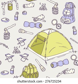 Hand drawn camping  seamless pattern in vector. Hiking equipment doodle illustration