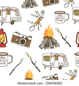 Hand drawn camping seamless pattern with watercolor elements. Camp bonfire, vintage lantern, photo camera,  roasted marshmallow, camper knife, enamel mug, camper van. White background