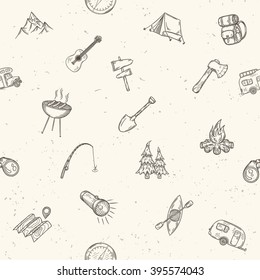 Hand drawn camping seamless pattern. Vector background.