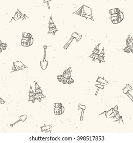 Hand Drawn Camping Seamless Pattern. Vector Background.