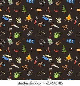 Hand drawn camping seamless pattern. Vector background.
