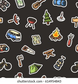 Hand drawn camping seamless pattern. Vector background.