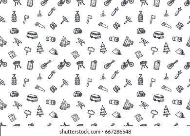 Hand Drawn Camping Seamless Pattern. Vector Background.