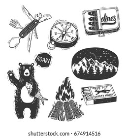 Hand drawn camping set.  Camp bonfire, camper knife, compass,sardine can, cute teddy bear with fish, landscape with mountains and star constellation, matchbox.