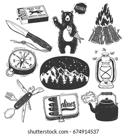 Hand drawn camping set.  Camp bonfire, vintage lantern, camper knife, teapot, compass,sardine can, cute teddy bear with fish, landscape with mountains and star constellation, matchbox.