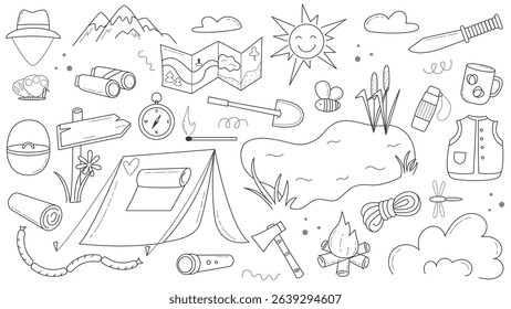 Hand drawn camping set. Icons of equipment, nature, food and development in hike doodle sketch style. Hiking, exploration walk in nature, vector elements