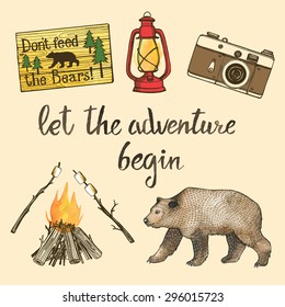 Hand drawn camping set with watercolor elements. Camp bonfire, vintage lantern, photo camera, roasted marshmallow, brown bear