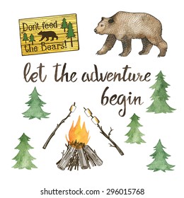 Hand Drawn Camping Set With Watercolor Elements. Camp Bonfire, Roasted Marshmallow, Brown Bear, Spruce Tree