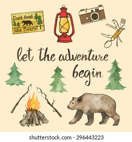 Hand drawn camping set with watercolor elements. Camp bonfire, vintage lantern, photo camera, camper van, roasted marshmallow, brown bear, spruce tree, camper knife