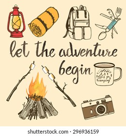 Hand drawn camping set with watercolor elements. Camp bonfire, vintage lantern, photo camera,  roasted marshmallow, camper knife, enamel mug, camper van, sleeping bag, backpack