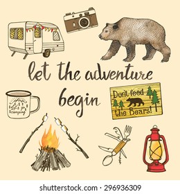 Hand drawn camping set with watercolor elements. Camp bonfire, vintage lantern, photo camera,  roasted marshmallow, brown bear, camper knife, enamel mug, camper van