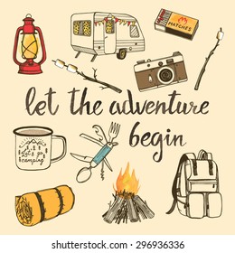 Hand drawn camping set with watercolor elements. Camp bonfire, vintage lantern, photo camera,  roasted marshmallow, camper knife, enamel mug, camper van, sleeping bag, matchbox. 