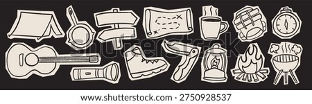 hand drawn camping stickers with paper cut style. features vintage outdoor adventure elements like tent, bonfire, and gear for scrapbook, apparel, and digital design projects