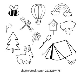 Hand Drawn Camping Tent Doodle Icon. Vector Outline Sketch Isolated On White. Bee, Dragonfly, Rainbow, And Birdhouse