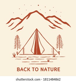 Hand drawn camping tent and mountain vector illustration. Hand drawn vector lanscape.