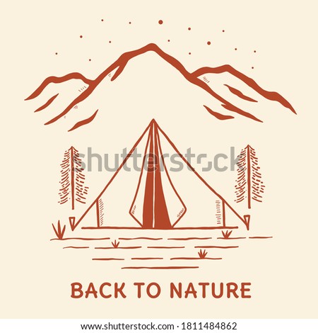Hand drawn camping tent and mountain vector illustration. Hand drawn vector lanscape.