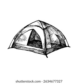 Hand drawn camping tent in retro style. Outdoor and hiking design. Vintage sketch vector illustration