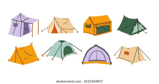 Colección de tiendas de campaña dibujadas a mano. Una colección de 8 ilustraciones de carpa de camping dibujadas a mano, perfectas para aventuras al aire libre, viajes y diseños temáticos de camping