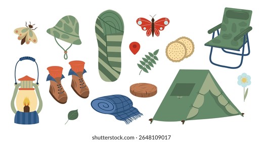 Hand drawn camping vector elements set. Camping elements vector set. Outing and camping set. Camp equipment and nature elements.