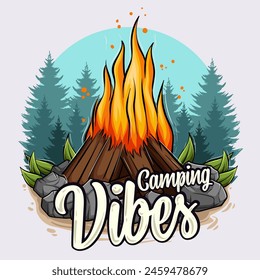 Hand drawn camping vibes with fire over trees and sunset, Mounting outdoor adventure and hiking