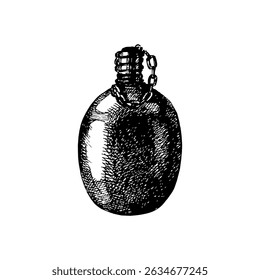 Hand drawn camping water bottle in retro style. Outdoor and hiking design. Vintage sketch vector illustration