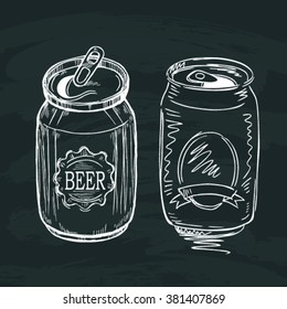 Hand drawn of Can beer on black board