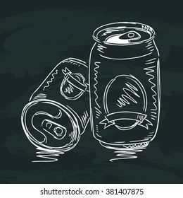 Hand drawn of Can beer on black board