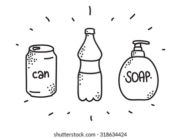 Hand drawn can and bottle elements for design. Isolated vector doodles. Soap bottle. 
