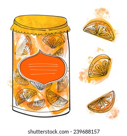 Hand drawn can with homemade orange jam and isolated slices of lemons and oranges. Set of vector illustrations, watercolor and ink style. 