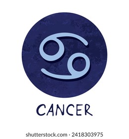 Hand drawn cancer zodiac sign in blue round frame Astrology doodle clipart Element for design