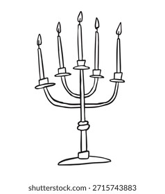 Candelabro dibujado a mano con cinco velas, Ilustración vectorial de línea negra mínima del candelabro de Antiguas. Icono de bosquejo elegante aislado para Festiva, celebración, Religión. Objeto de diseño decorativo