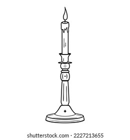 Hand drawn candelabrum with burning candle and stars in line art. Vintage candlestick icon, antique style, boho. Vector doodle sketch illustration isolated on white background