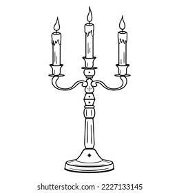 Hand drawn candelabrum with burning candles and stars in line art. Vintage candlestick icon, antique style, boho. Vector doodle sketch illustration isolated on white background