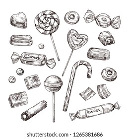 Hand drawn candies. Chocolate candy, lollipop and marmalade, sweets. Vintage sketch vector set