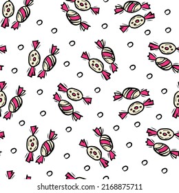 Handgezeichnete Bonbons nahtloses Muster. Cute Süßigkeiten doodle Vektorgrafik. Skizze festlicher Bonbonhintergrund. Funny Kids, Werbung, Markt, Paket, Packpapier-Ornament im trendigen Cartoon-Stil