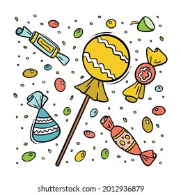Los caramelos dibujados a mano establecen el icono del doodle en color aislado en el fondo blanco para la impresión de camisetas, símbolo de caricatura de signos y elemento de decoración. Ilustración vectorial.