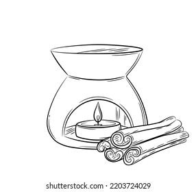 La luz dibujada a mano en difusor para la fragancia doméstica. Estilo de dibujo de Doodle. Dibujo en línea de un simple difusor de aceite esencial de canela. Ilustración vectorial aislada en un estilo lineal.