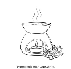 Hand drawn candle in diffuser for home fragrance. Doodle sketch style. Line drawing of a simple anise essential oil diffuser. Isolated vector illustration in a linear style.