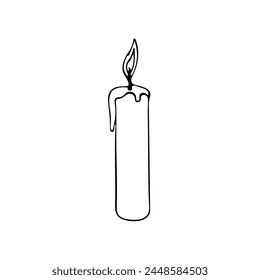 Hand drawn candle with flame. Black line doodle vector illustration. Celebration holiday elements for birthday cards, posters, stickers and seasonal design. Isolated on white background.