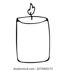 Hand drawn candle with flame. Black line doodle vector illustration. Celebration holiday element for birthday cards, posters, stickers,  seasonal design. Isolated on white background. One big candle.