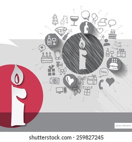 Hand drawn candle icons with icons background. Vector illustration