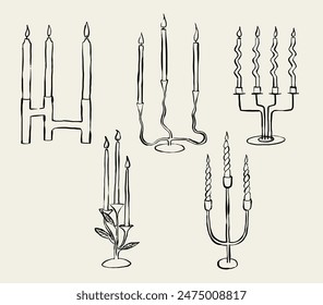 Handgezeichnete Kerzen-Illustration. Dekoratives Kerzenhalter-Set. Klassische Kronleuchter-Skizze. Candle Clip Art